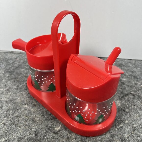 Vintage 1970’s Gemco Cream And Sugar Glass Set w/ Holder Spoon Christmas Trees - Picture 4 of 12